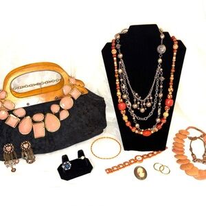 Elegant Black and Coral Jewelry Set with J Crew Cluch Purse